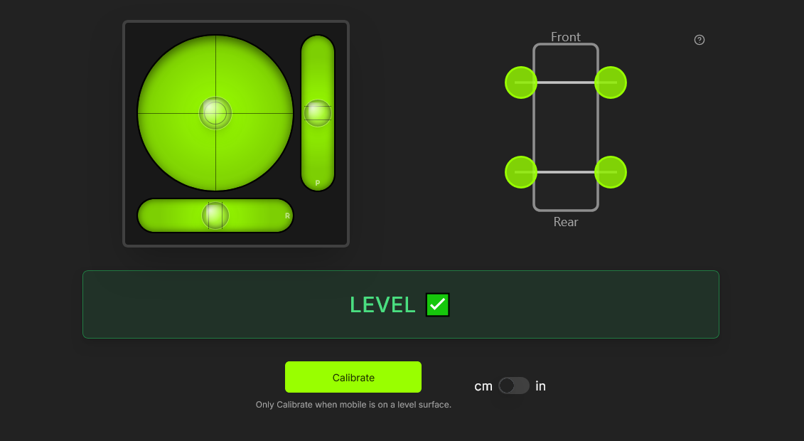 Screenshot of the Motorhome Level App showing level indicators