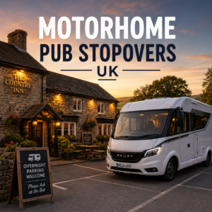 motorhome parked outside a uk pub stopover